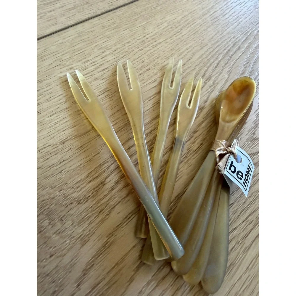 Be Home Water Buffalo Horn Appetizer Set 4 Forks 4 Spoons Natural Amber Handmade